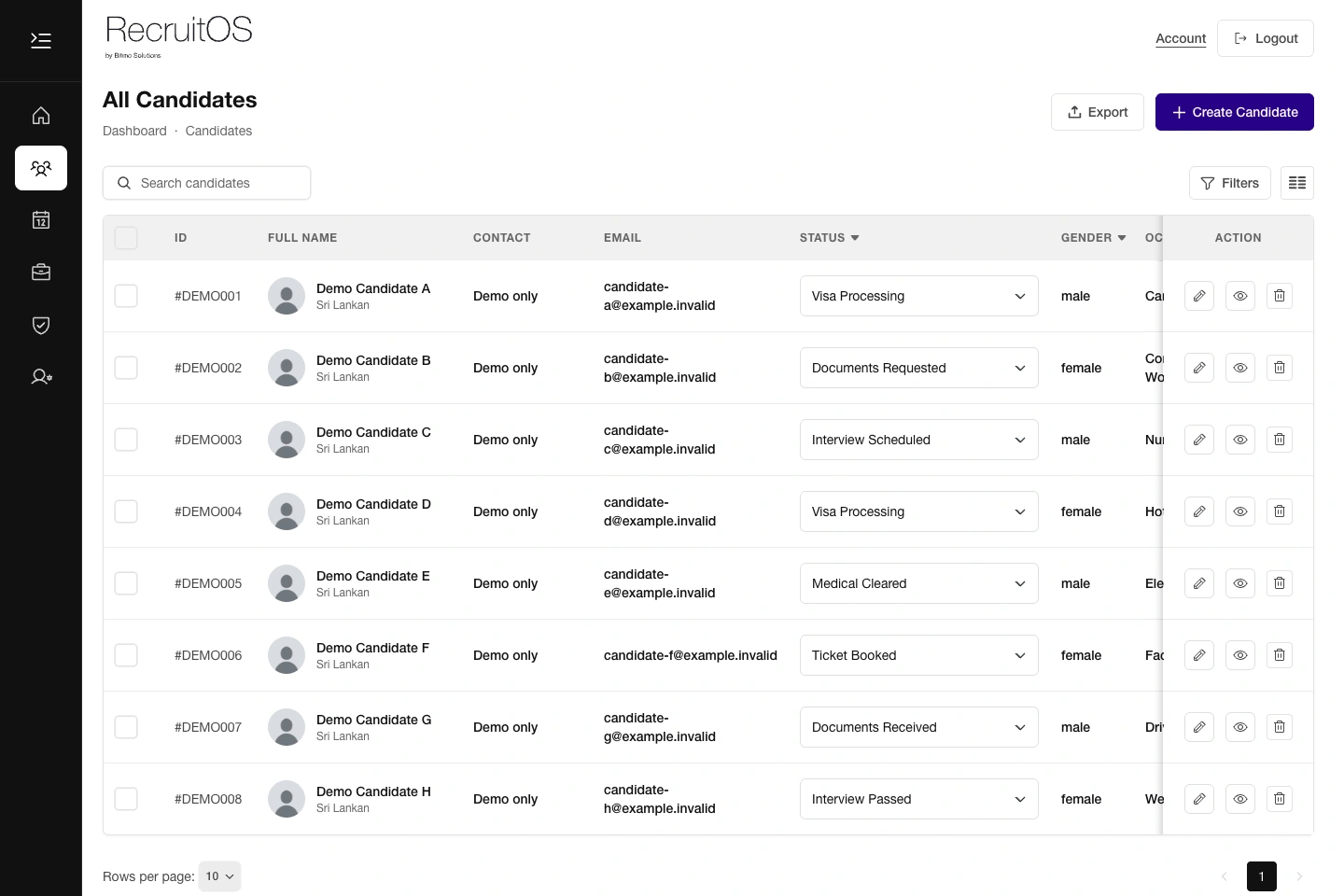 RecruitOS admin interface: Candidate records