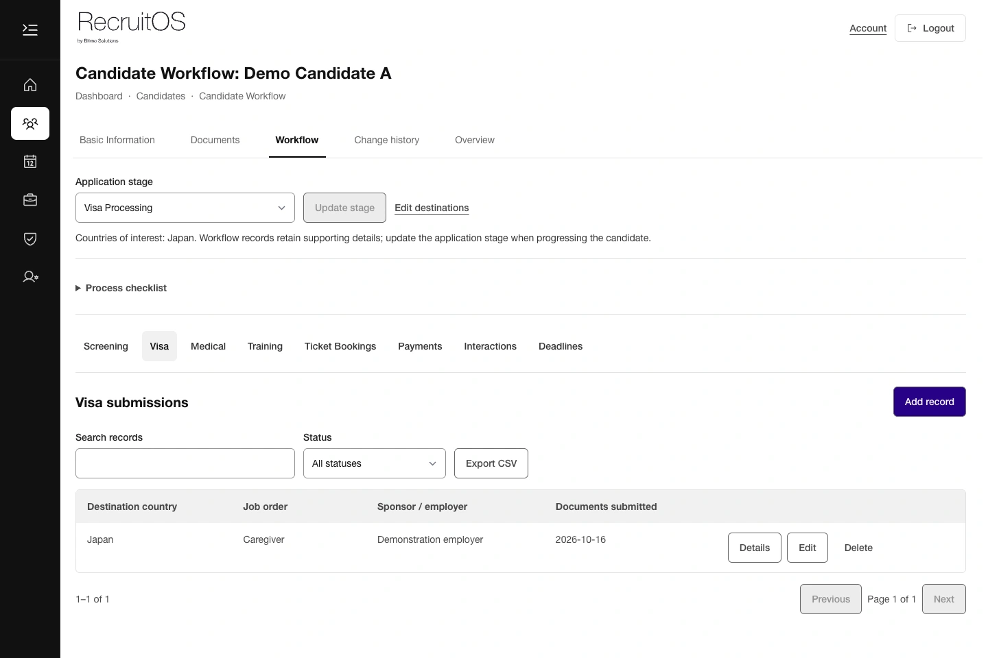 RecruitOS admin interface: Candidate workflow and visa records