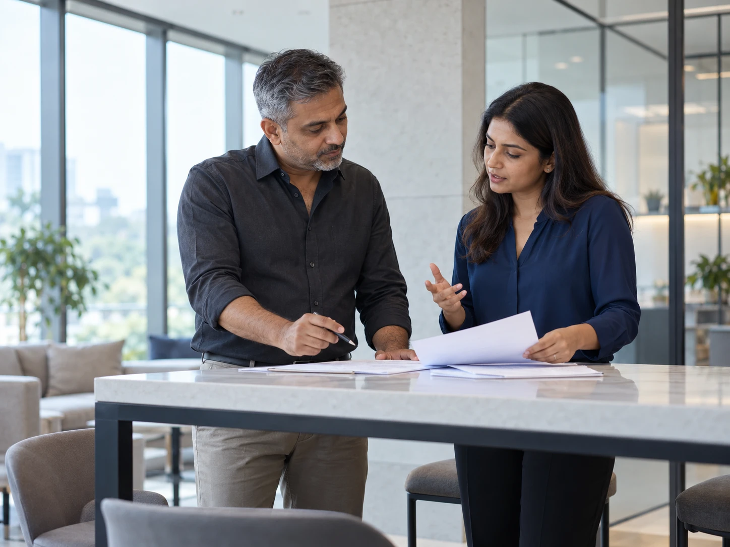 Two agency colleagues discussing their setup and reviewing paper documents